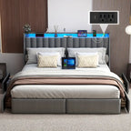 Full Queen King Bed Frame with 2 Storage Drawers And Luxury Wingback Upholstered Button Tufted Storage Headboard, Charging Station, Storage Headboard & LED Lights, Noise-Free-Dark Gray