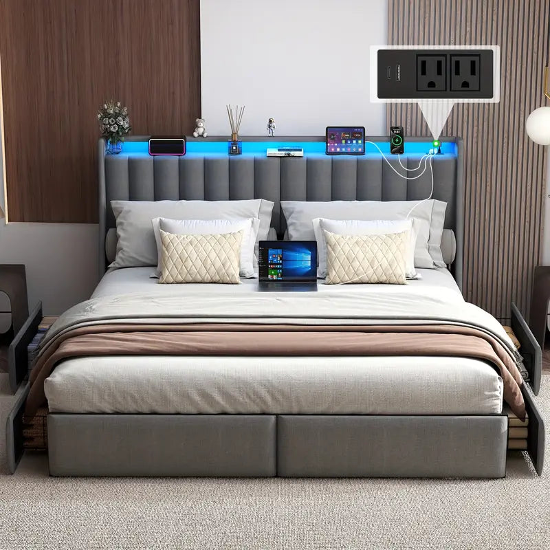 Full Queen King Bed Frame with 2 Storage Drawers And Luxury Wingback Upholstered Button Tufted Storage Headboard, Charging Station, Storage Headboard & LED Lights, Noise-Free-Dark Gray