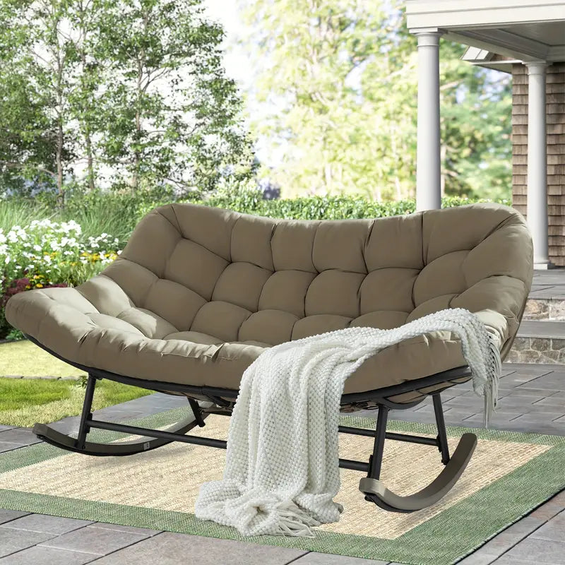 Rocking Chair Outdoor, Oversized Patio Furniture With Big Cushion, Manual Recliner, Painted Steel Frame, Cotton Filled, Perfect For Relaxing On Hard Floor, Rocking Chair On .