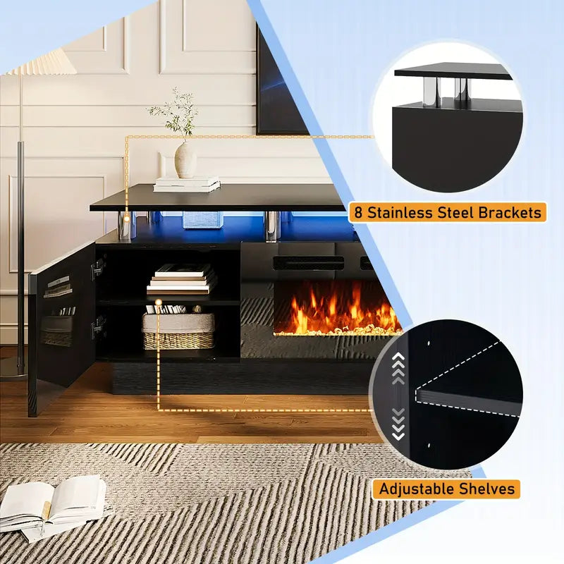 36" Electric Fireplace TV Stand with LED Lights - Modern High-Gloss Black Entertainment Center, Sturdy Stainless Steel & Engineered Wood, Closed Storage for TVs Up to 80", CSA/ETL Certified Heater with Overheat Protection