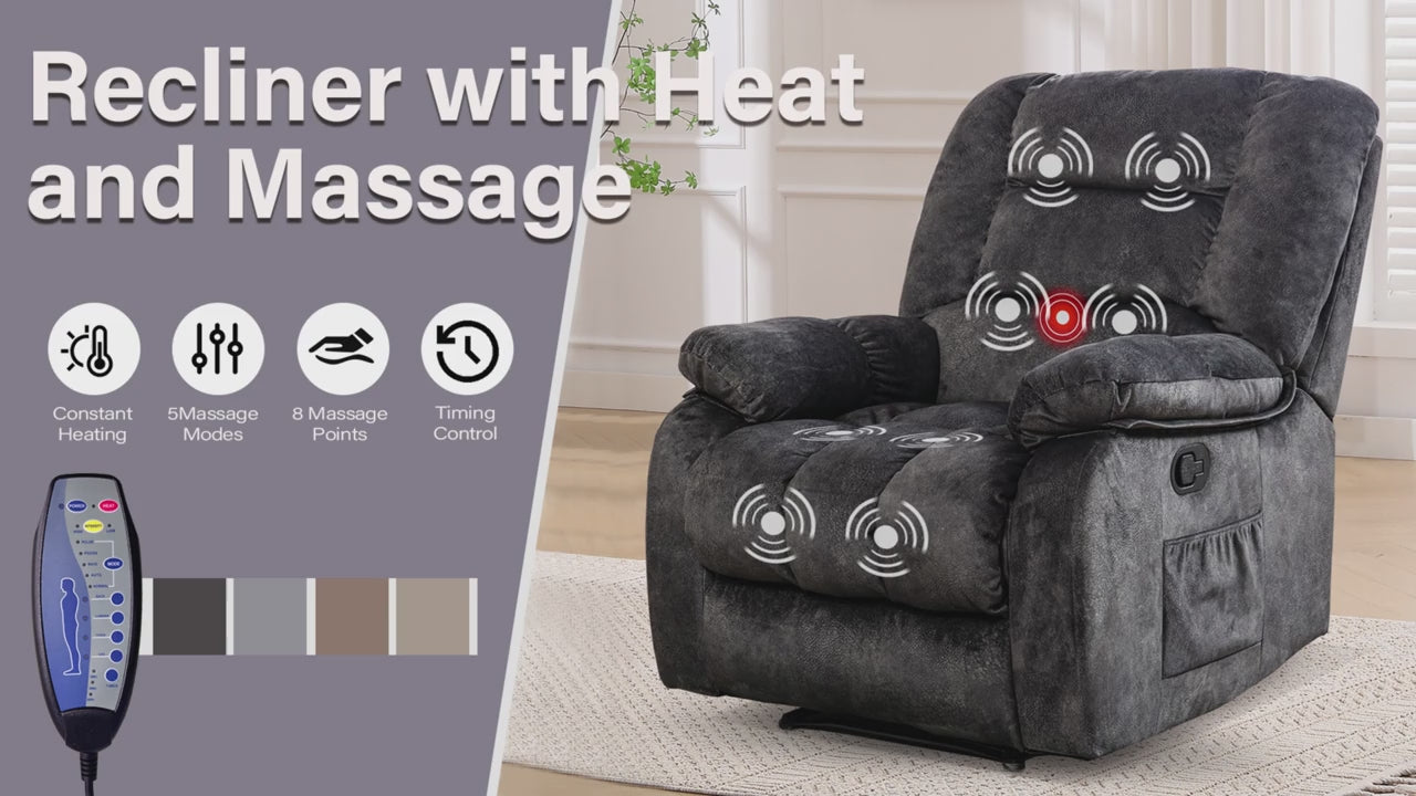 Manual Recliner Chair with Massage & Heating, Oversized Overstuffed Reclining Sofa with Side Pockets, for Living Room & Bedroom, Grey