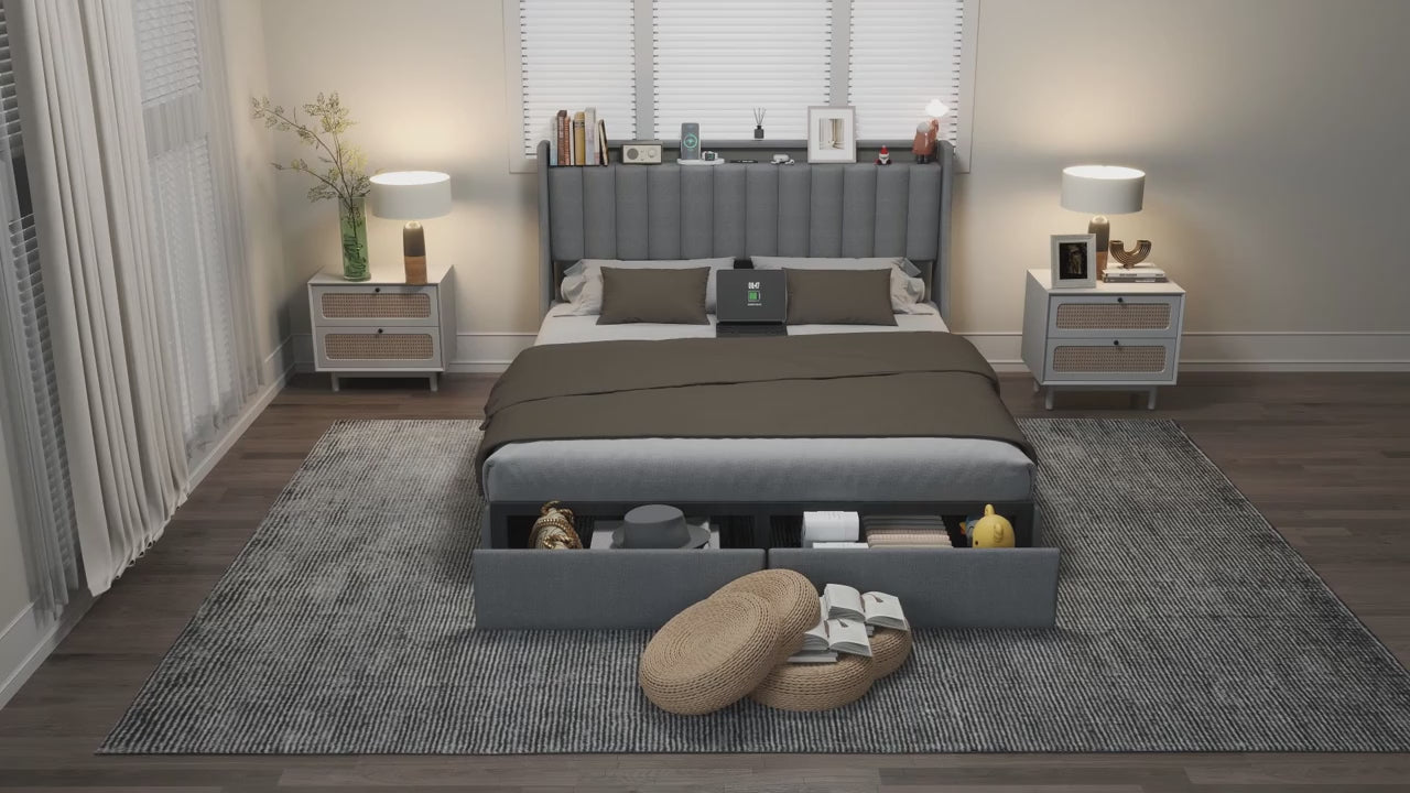 Full Queen King Bed Frame with 2 Storage Drawers And Luxury Wingback Upholstered Button Tufted Storage Headboard, Charging Station, Storage Headboard & LED Lights, Noise-Free-Dark Gray