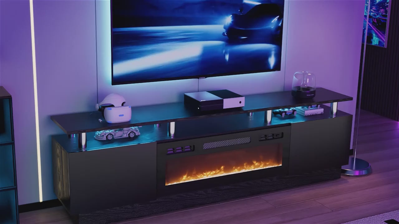 36" Electric Fireplace TV Stand with LED Lights - Modern High-Gloss Black Entertainment Center, Sturdy Stainless Steel & Engineered Wood, Closed Storage for TVs Up to 80", CSA/ETL Certified Heater with Overheat Protection